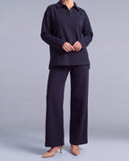 Vispolo Set Labelnou : polo manches longues et pantalon large femme, coloris bleu marine