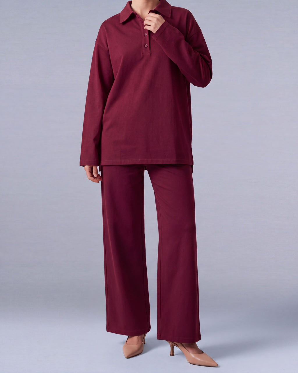 Vispolo Set Labelnou : polo manches longues et pantalon large femme, coloris bordeaux