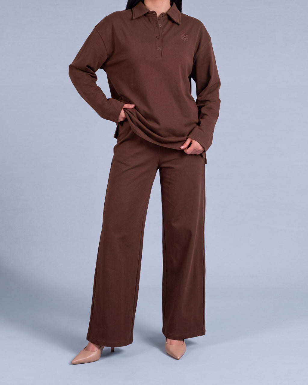 Vispolo Set Labelnou : polo manches longues et pantalon large femme, coloris marron (brown)