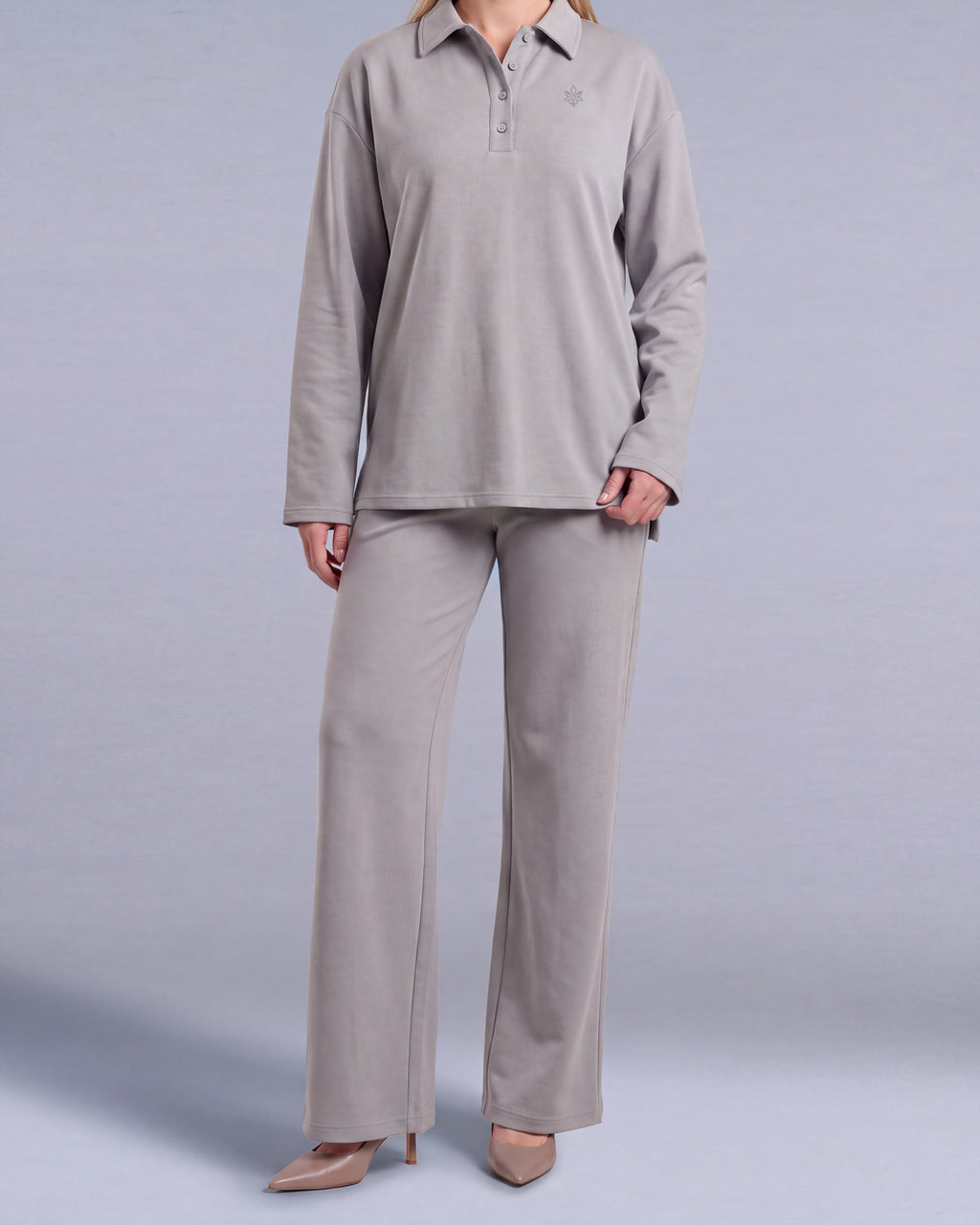 Vispolo Set Labelnou : polo manches longues et pantalon large femme, coloris gris