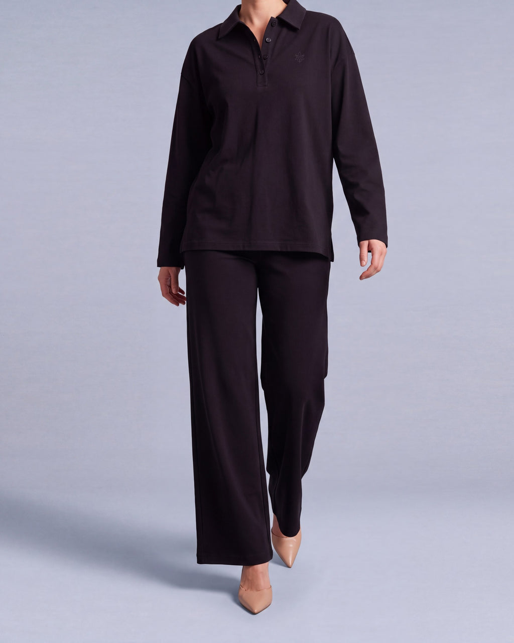 Vispolo Set Labelnou : polo manches longues et pantalon large femme, coloris noir