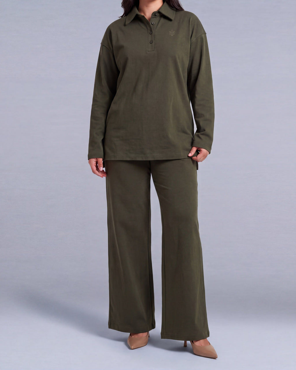 Vispolo Set Labelnou : polo manches longues et pantalon large femme, coloris vert militaire