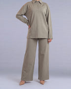Vispolo Set Labelnou : polo manches longues et pantalon large femme, coloris vert sauge